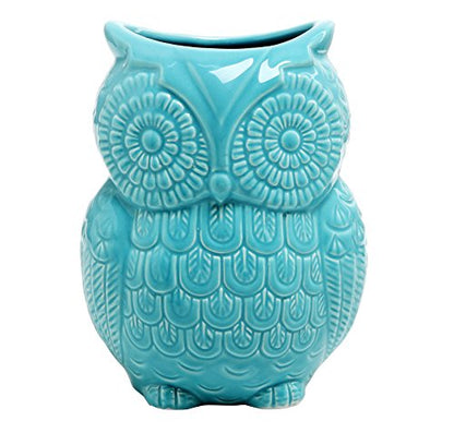  Aqua Blue Owl Shaped Ceramic Kitchen Crock Utensil Holder, 8 Inch Multipurpose Storage Jar Vase Canister, Art Brush Holder