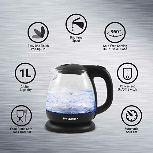  KT1001 Maxi-Matic 1L Glass Electric Tea Kettle Hot Water Heater Boiler BPA-Free With Blue LED Interior Fast Boil And Auto Shut-Off, Black