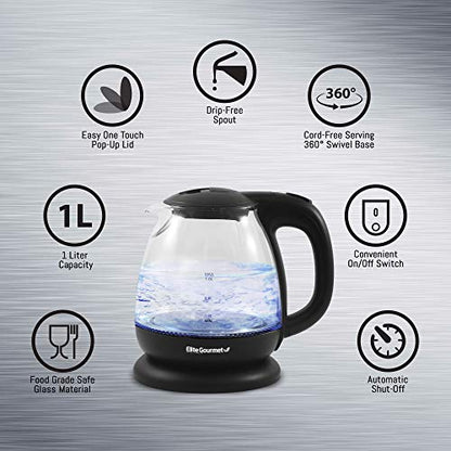  KT1001 Maxi-Matic 1L Glass Electric Tea Kettle Hot Water Heater Boiler BPA-Free With Blue LED Interior Fast Boil And Auto Shut-Off, Black