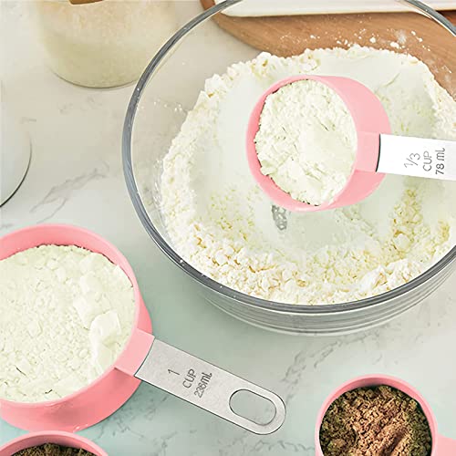  Measuring Cups And Spoons Set, 8 Pieces Measuring Cups And Measuring Spoons With Stackable Stainless Steel Handle Measure Dry Or Liquid Ingredients Measuring Set For Kitchen Cooking And Baking (Pink)