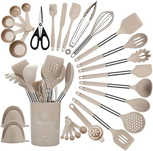  Silicone Kitchen Utensil Set, 28 Pcs Non-Stick Cooking Utensils Set With Holder, Tongs, Spatula, Whisk, Measuring Cups And Spoons Set With Stainless Steel Handle Kitchen Gadgets (Light Green)