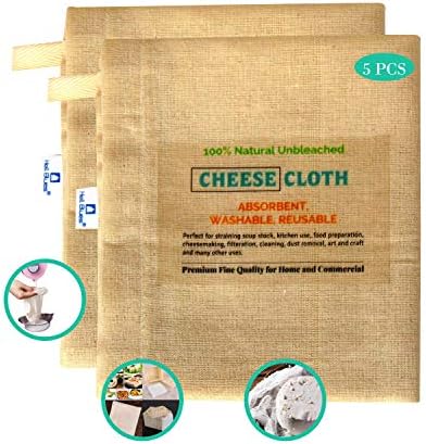  Organic 5-Pack Cheesecloth For Straining 21" X 24" Inches Unbleached 90 Grade Muslin Hemmed Edge Brew Coffee, Nut Milk Strainer, Baking, Filtration 100% Cotton Cheese Cloth