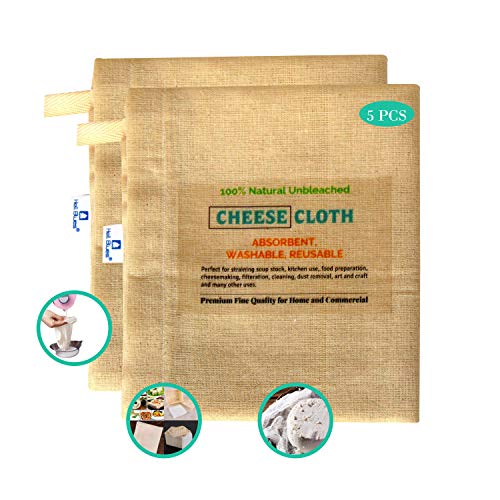  Organic 5-Pack Cheesecloth For Straining 21" X 24" Inches Unbleached 90 Grade Muslin Hemmed Edge Brew Coffee, Nut Milk Strainer, Baking, Filtration 100% Cotton Cheese Cloth