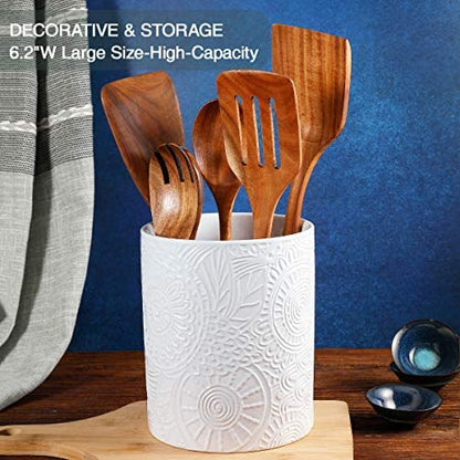  Ceramic Utensil Holder For Countertop, Large Utensil Holder Farmhouse Utensil Crock For Kitchen & Dining Table, White Cooking Utensil Holder,Relief Design, White Color