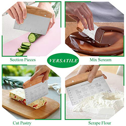  Bench Scraper Set Of 2, HaSteeL Metal Dough Scraper Cutter Pastry Chopper With Wooden Handle, Heavy Duty Stainless Steel Griddle Scraper With Measuring Marks For Cooking Baking Grilling