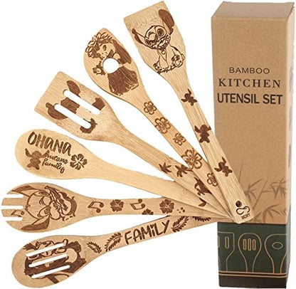 GENERIC Bejky 6-Pcs Wooden Bamboo Spoons Set - Organic Food Cooking Utensils Kitchen Accessories & Home Decor Cookware Gifts For Women Easy Wash Spatulas 3D Engraved Patterns (Magical Wizard Style), 12-''