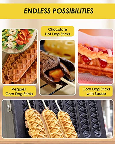  Commercial Corn Dog Waffle Maker Machine 6 PCS 1550W Hot Dog Cheese Stick Press Iron, 50-300℃ Temp Control, 5-min Timer French Muffin Cooker 110V