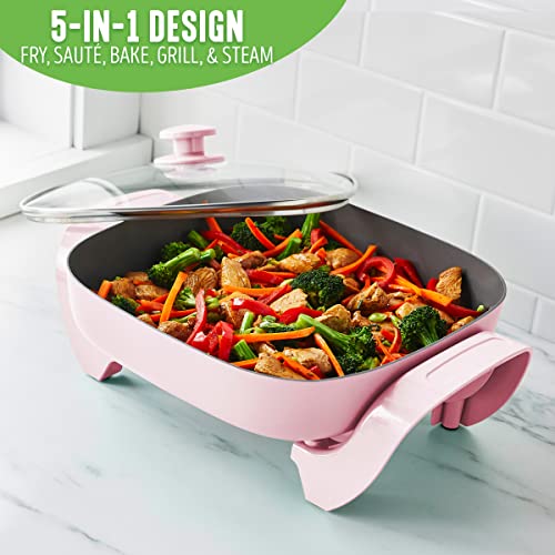  Healthy Ceramic Nonstick, 12" 5QT Square Electric Skillet With Glass Lid, Dishwasher Safe, Adjustable Temperature Control, PFAS-Free, Pink
