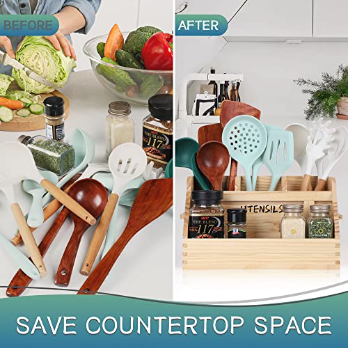  Kitchen Utensil Holder For Countertop With 4 Compartments, Utensil Holder Kitchen Utensil Organizer With Handles, Wood Utensil Holder For Home Decor (Utensil Not Included)