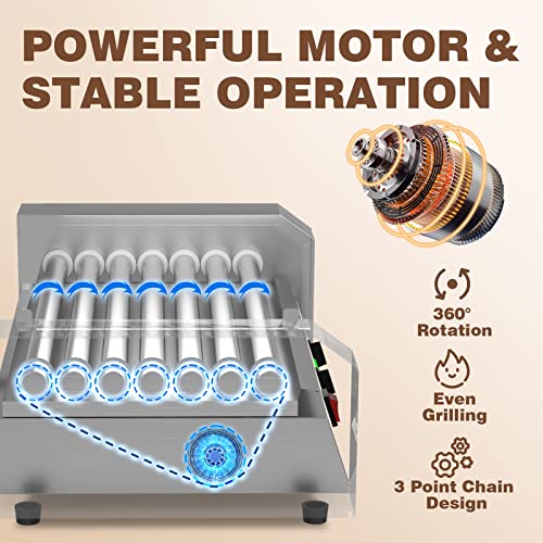  Hot Dog Grill Machine, Commercial Electric Hot Dog Roller Sausage Machine Hot-dog 7 Roller Grill Cooker Machine (silver)