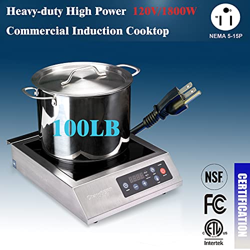  HangBERT Induction Cooktop 1800W NSF Certified Commercial Grade Durable Countertop Burner Pro Chef Professional 18/10 Stainless Steel Housing Schott Glass 10-Hour Timer