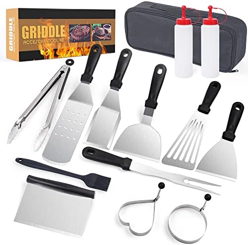  Grill Accessories Set, Stainless Steel BBQ Accessories, Heavy Duty Outdoor Barbeque Tools, 5Pc, Includes Kitchen Spatula, Tongs, Carving Fork, Knife, Basting Brush, Gifts For Man Dad