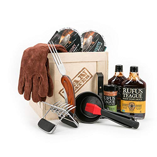  Pit Master Barbecue Crate – The Ultimate BBQ Gift For Men – Includes Meat Claws, Barbecue Rub, Sauces, Leather Gloves & More – Ships In A Sealed Wooden Crate With A Laser-Etched Crowbar