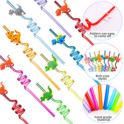  24 Pieces Reusable Dinosaur Straws Plastic Dinosaur Straws For Kids Safari Jungle Dinosaur Theme Straws For Dinosaur Party Decoration Supplies Birthday Party Favors, 8 Styles