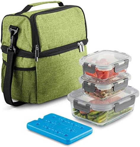  INEDINE Lunch Bag With Glass Containers - Insulated Lunch Box For Women And Men - Leakproof Locking Lids & Ice Pack - 2-Compartment Cooler Tote For Work (Black)