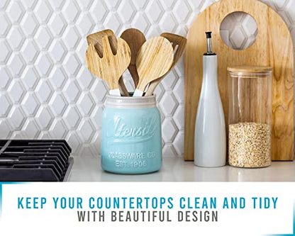  Wide Mouth Mason Jar Utensil Holder Decorative Kitchenware Organizer Crock, Chip Resistant Ceramic, Dishwasher Safe - Kitchen Caddy Aqua Blue For Countertop, Large Size 7" High