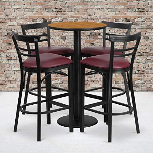  Jamie 24'' Round Walnut Laminate Table Set With Round Base And 4 Two-Slat Ladder Back Metal Barstools - Black Vinyl Seat