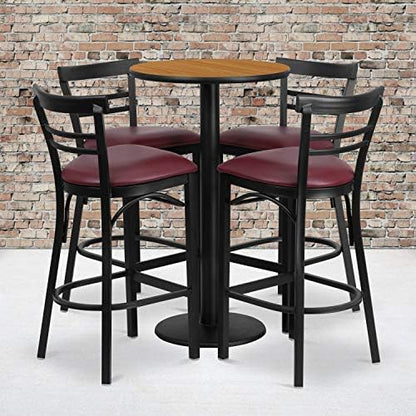  Jamie 24'' Round Walnut Laminate Table Set With Round Base And 4 Two-Slat Ladder Back Metal Barstools - Black Vinyl Seat