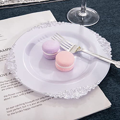  100pcs Silver Plastic Plates & White With Silver Disposable Plates & 7.5inch Silver Disposable Dessert Plates-Perfect For Christmas & Wedding & Party