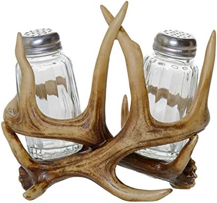  Glass Salt And Pepper Shakers - Deer Antler Salt And Pepper With Holder For Kitchen - Simple Salt And Pepper Shakers With Lids - Rustic Salt And Pepper Caddy Spices And Seasonings Set
