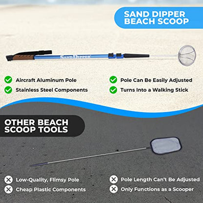  Sand Dipper Full Size Beach Scoop Shovel & Sifter Tool For Beachcombing – Adjustable Sea Glass, Shell, Shark Tooth Sifter For The Beach – Can Be Used As A Walking Or Hiking Stick Too – Blue, 4” Basket