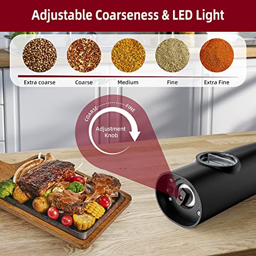  Electric Salt And Pepper Grinder Set Rechargeable Automatic Black Salt & Pepper Mill 2 Pcs With Charging Base, Type-C USB Cables, LED Lights, Adjustable Coarseness, One Hand Operation