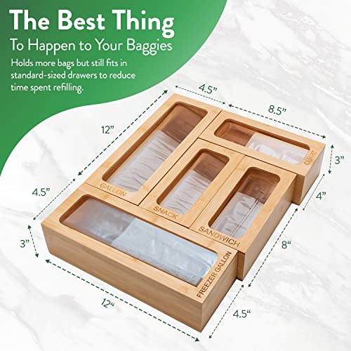  Bamboo Ziplock Bag Organizer For Drawer, Kitchen Storage Bag Organizer, 5 Separate Baggie Organizer For Drawer With Non-Slip Feet And Hanging Holes, Kitchen Organization And Storage