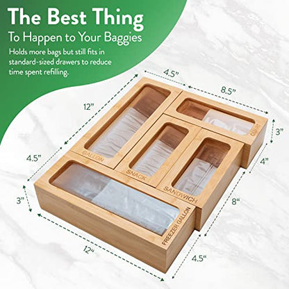  Bamboo Ziplock Bag Organizer For Drawer, Kitchen Storage Bag Organizer, 5 Separate Baggie Organizer For Drawer With Non-Slip Feet And Hanging Holes, Kitchen Organization And Storage