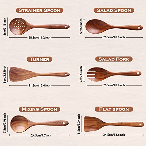  Wooden Spoons For Cooking, 6 Pcs Wooden Utensils For Cooking, Natural Teak Wood Non-Stick Cooking Spoons, Comfort Grip Wood Utensils Set For Kitchen