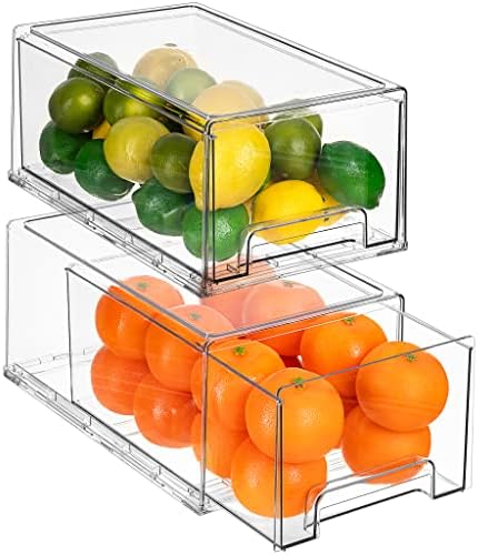  Fridge Drawers - Clear Stackable Pull Out Refrigerator Organizer Bins - Food Storage Containers For Kitchen, Refrigerator, Freezer, Vanity & Fridge Organization And Storage (2 Pack | Large)