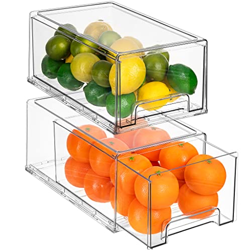  Fridge Drawers - Clear Stackable Pull Out Refrigerator Organizer Bins - Food Storage Containers For Kitchen, Refrigerator, Freezer, Vanity & Fridge Organization And Storage (2 Pack | Large)