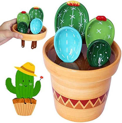  Cactus Measuring Spoons And Cups Set, Cute Ceramic Measuring Spoons, Baking Cacti Measuring Spoon With Holder For Milk Powder Sugar Salt Wet Dry Ingredients, Kitchen Home Small Decorations Ornaments