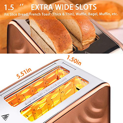  Toaster 2 Slice, Rose Gold Stainless Steel Retro Toaster With Defrost Bagel Cancel Function & 6 Shade Settings