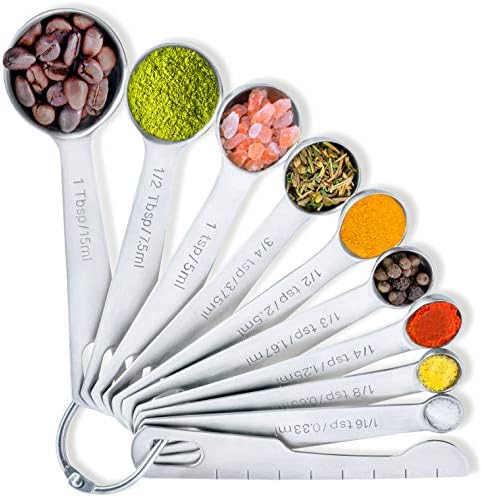  - 9 Measuring Spoons, Heavy Duty 18/8 Premium Stainless Steel Measuring Spoons Set, Spoons With US And Metric Measurements , Set Of 9 + Leveler, Measuring Tools For Dry And Liquid Ingredients