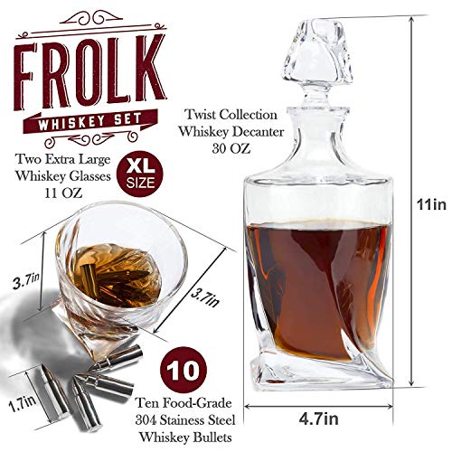  Whiskey Decanter And Stones Gift Set For Men - Whiskey Decanter, 2 Twisted Whiskey Glasses, 10 Stainless Steel Whisky Bullets, 2 Slate Coasters, Special Tongs & Freezer Pouch In Pinewood Gift Box