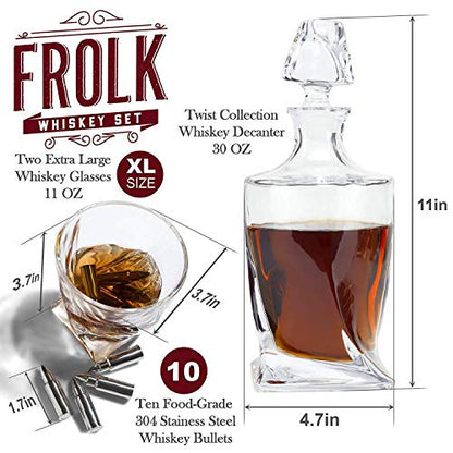  Whiskey Decanter And Stones Gift Set For Men - Whiskey Decanter, 2 Twisted Whiskey Glasses, 10 Stainless Steel Whisky Bullets, 2 Slate Coasters, Special Tongs & Freezer Pouch In Pinewood Gift Box