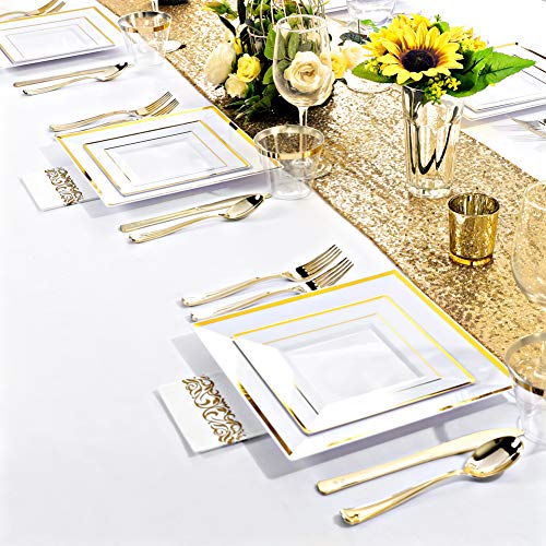 50 Guest Gold Plastic Plates With Disposable Cutlery& Gold Plastic Cups-Square Plastic Plates-Gold Plastic Utensils Set And Napkins For Wedding& Parties