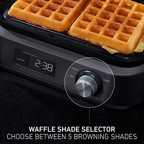  Intellicrisp Belgian Waffle Maker With LED Display Timer And Ceramic Cooking Plates, Makes 2 Waffles, Dark Stainless Steel