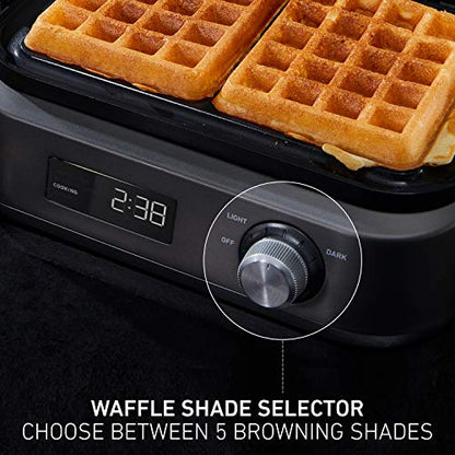  Intellicrisp Belgian Waffle Maker With LED Display Timer And Ceramic Cooking Plates, Makes 2 Waffles, Dark Stainless Steel