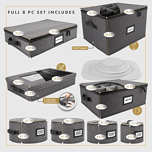  China Storage Containers | 8 Pc. ULTRA THICK HARDSHELL ALL SURFACES & COVER | China Storage Box With Handles | Stackable Storage For Plates, Platters, Mugs, Wine Glass & Flatwares