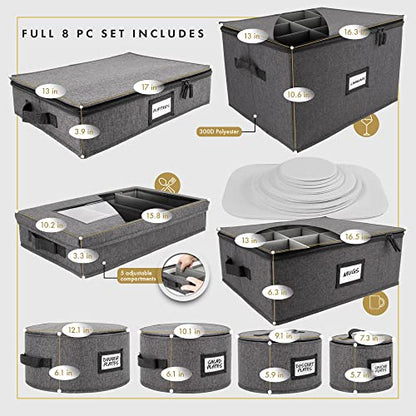  China Storage Containers | 8 Pc. ULTRA THICK HARDSHELL ALL SURFACES & COVER | China Storage Box With Handles | Stackable Storage For Plates, Platters, Mugs, Wine Glass & Flatwares