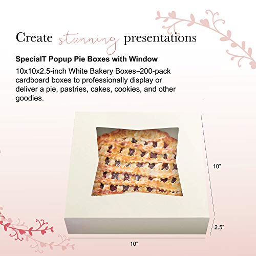  SpecialT Easy Popup Pie Boxes With Window 10x10x2.5 Inch White Bakery Boxes Pie Containers Disposable Baking Boxes 200pk