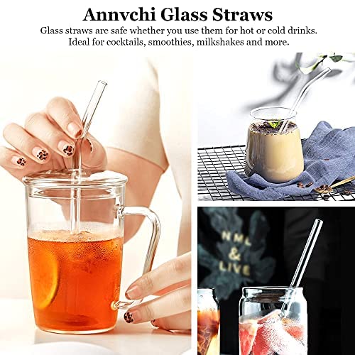  Reusable Drinking Straws Glass Clear 12-Pack, With 4 Cleaning Brush Size 8.5''x10 MM Set Of 6 Straight And 6 Bent - Perfect For Cocktail Glass, Smoothies, Tea, Juice, Milkshakes