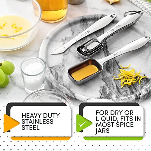 Heavy Duty Stainless Steel Metal Measuring Spoons For Dry Or Liquid, Fits In Spice Jar, Set Of 6 Including Leveler