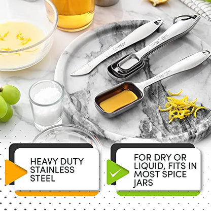  Heavy Duty Stainless Steel Metal Measuring Spoons For Dry Or Liquid, Fits In Spice Jar, Set Of 6 Including Leveler