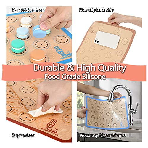  Baking Mat Macaron - Set Of 3 (2 Half Sheet Liners And 1 Quarter Sheet), Non Stick Silicon Cookie Oven Liner For Macaroons, Bake Pans, Pizza, Toaster, Cake And Bread Making (Red,Blue,Gray)
