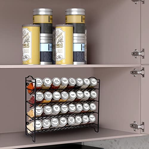  SWOMMOLY Spice Rack Organizer With 32 Empty Square Glass Spice Jars, 386 White Spice Labels With Chalk Marker And Funnel Complete Set, Seasoning Organizer For Countertop, Cabinet Or Wall Mount