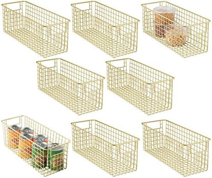  MDesign Metal Wire Food Storage Basket Organizer With Handles For Organizing Kitchen Cabinets, Pantry Shelf, Bathroom, Laundry Room, Closets, Garage - Concerto Collection - 8 Pack - Soft Brass