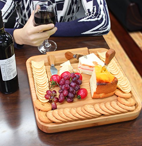 Bamboo Cheese Board Set Cheese Plate 13'' X 13'' With Integrated Slide-Out Drawer And 4 Specialist Cheese Knives Set