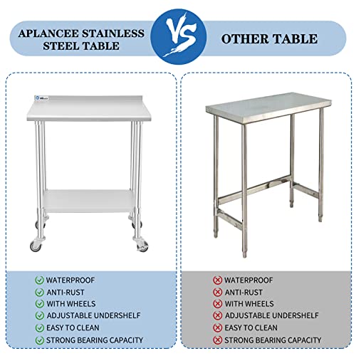  Stainless Steel Table, 30 X 24 Inches Prep & Work Table With Caster Backsplash And Adjustable Undershelf Metal Utility Workstations For Commercial Kitchen Or Restaurant Supplies
